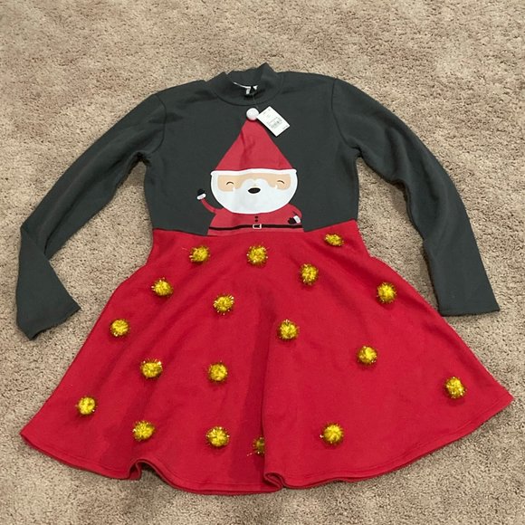 Santa Pom Pom Long Sleeve Dress - Picture 1 of 4